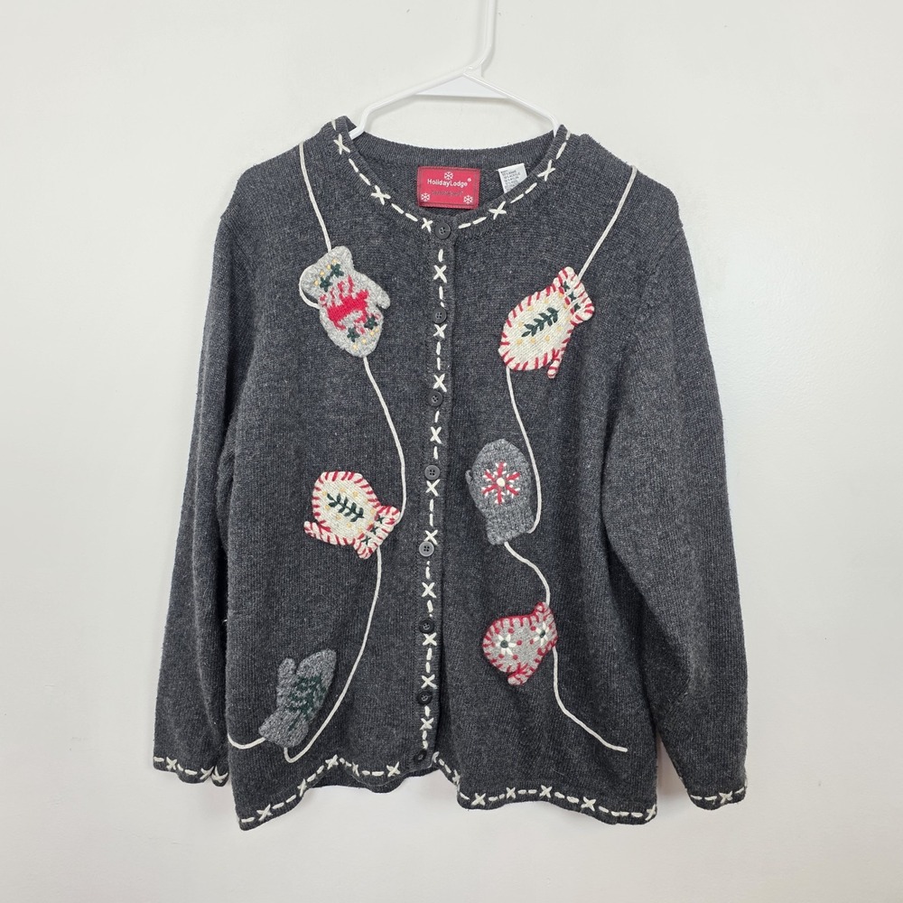Holiday Lodge Gray Wool Rabbit Hair Grandmacore‎ Mittens Winter Cardigan Size 1X